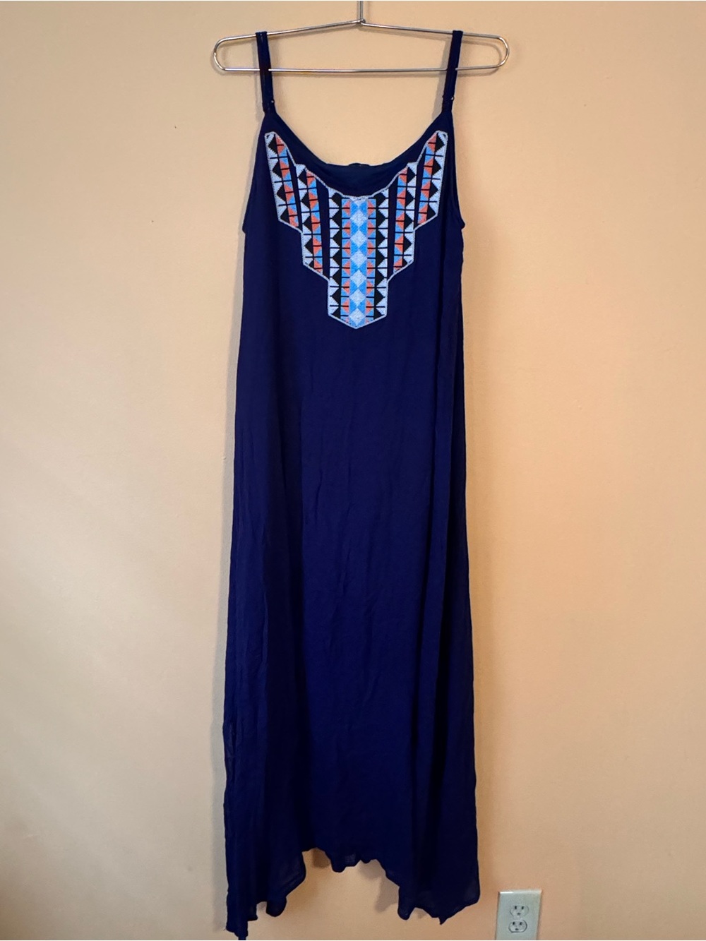 Lamoreena Navy Blue Maxi Dress Embroidered Boho Spaghetti Strap Size 38 (S/M)